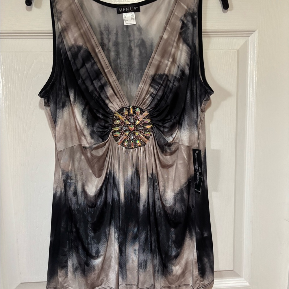 VENUS Black and Taupe Tie-Dye Sleeveless Tank with Jewel Medallion